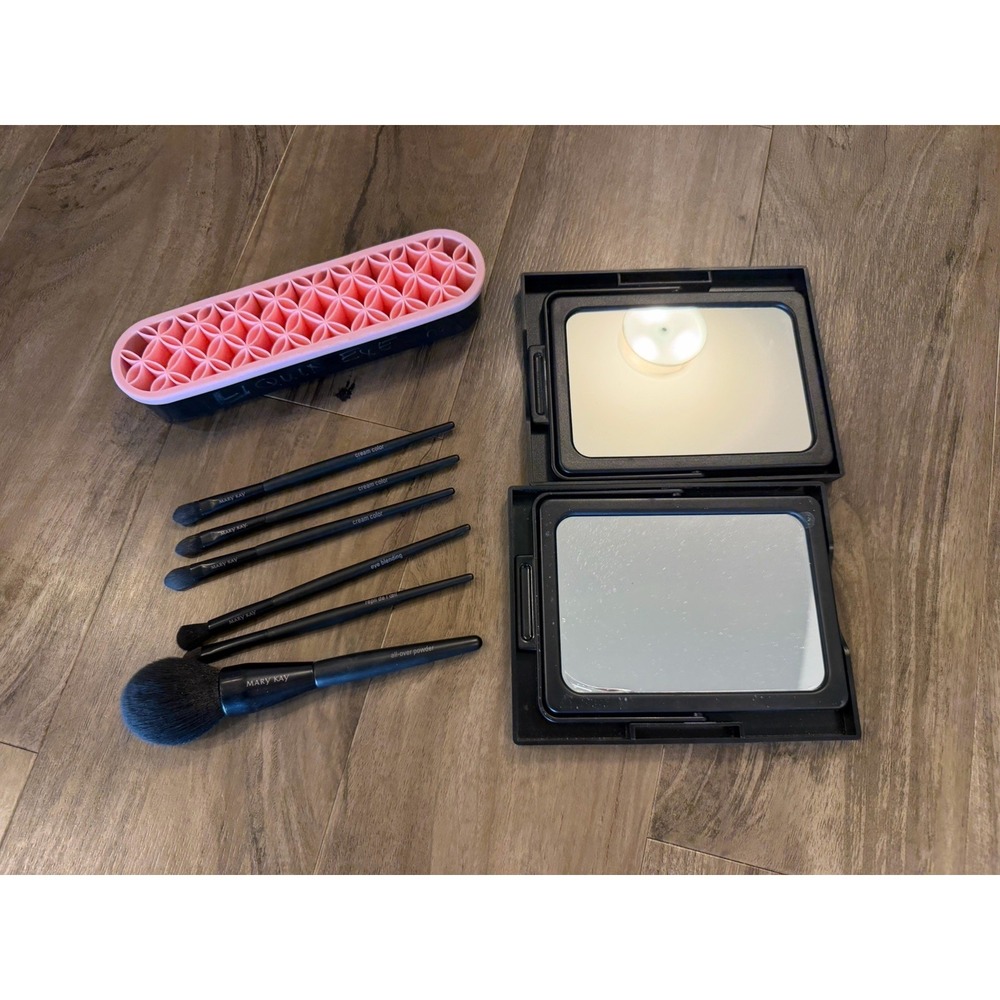 Mary Kay Makeup LOT Black Handle Powder Eyebrow Angled Brushes Holder Mirrors